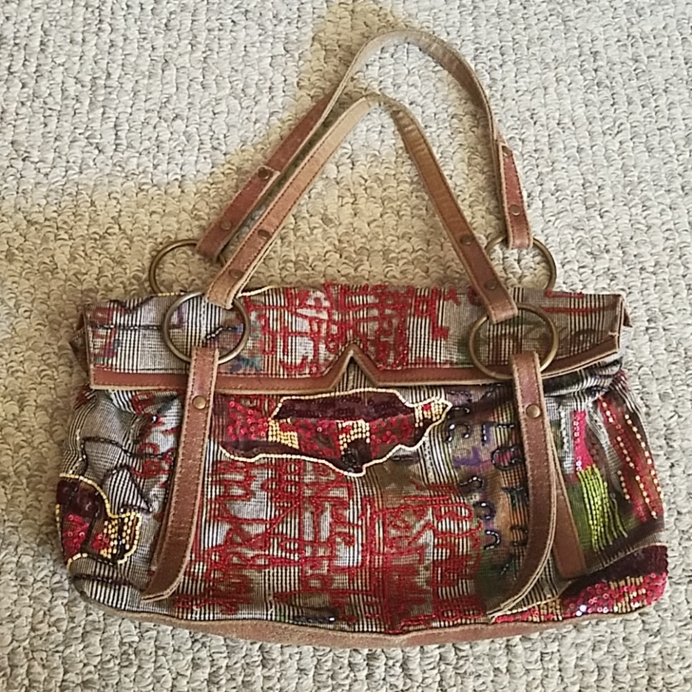 Pandora vintage distressed Bohemian tapastry leather trim bag
